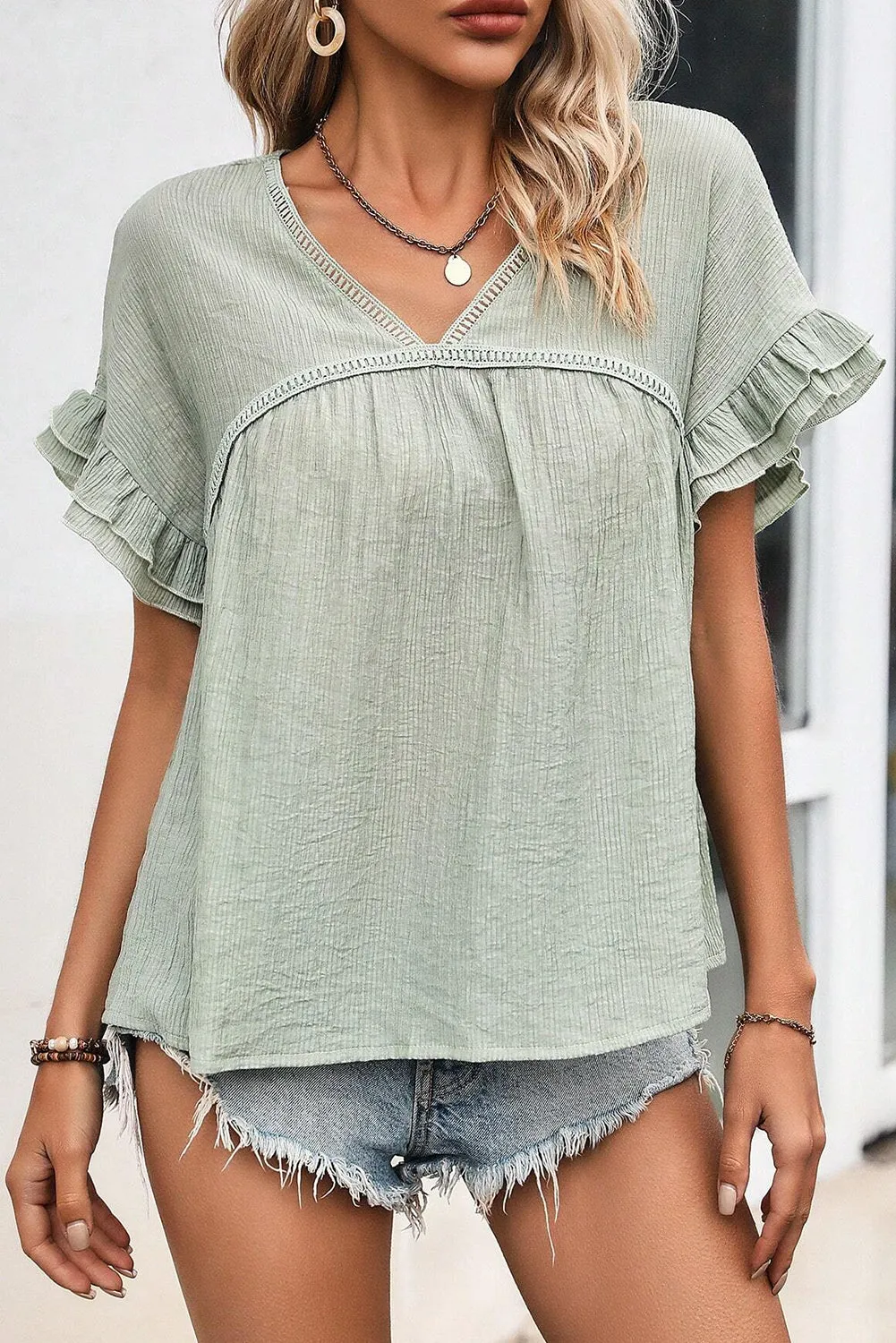 Smoke Green Lace Trim V Neck Short Flounce Sleeve Textured Blouse