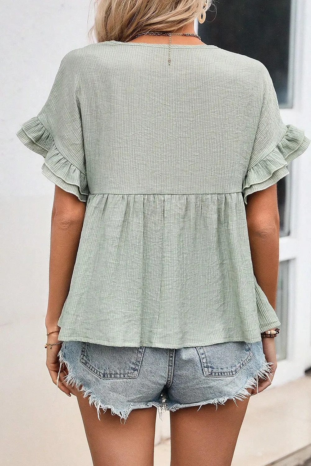 Smoke Green Lace Trim V Neck Short Flounce Sleeve Textured Blouse