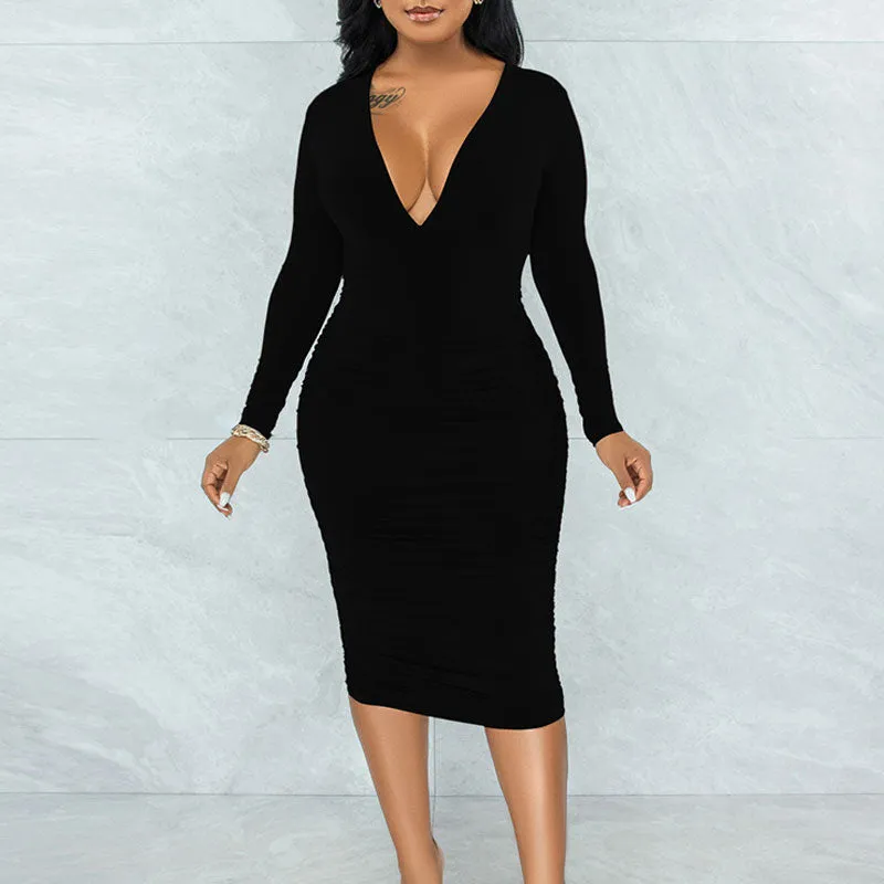Solid Deep V-Neck Long Sleeve Midi Dress