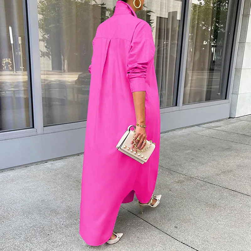 Solid Long Sleeve Maxi Shirt Dress