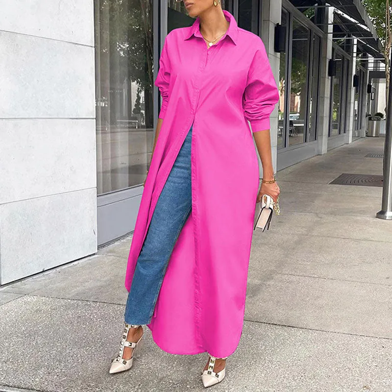 Solid Long Sleeve Maxi Shirt Dress