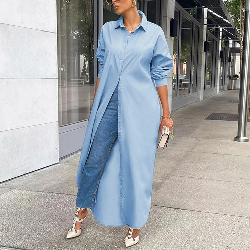 Solid Long Sleeve Maxi Shirt Dress
