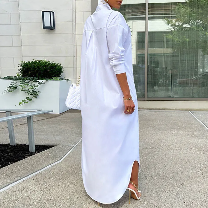 Solid Long Sleeve Maxi Shirt Dress