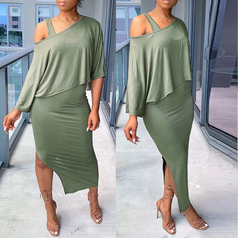 Solid Long Sleeve Top & High Slit Dress Set