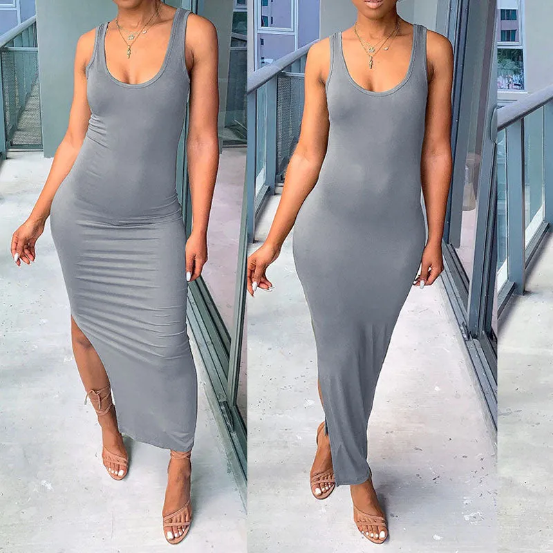 Solid Long Sleeve Top & High Slit Dress Set