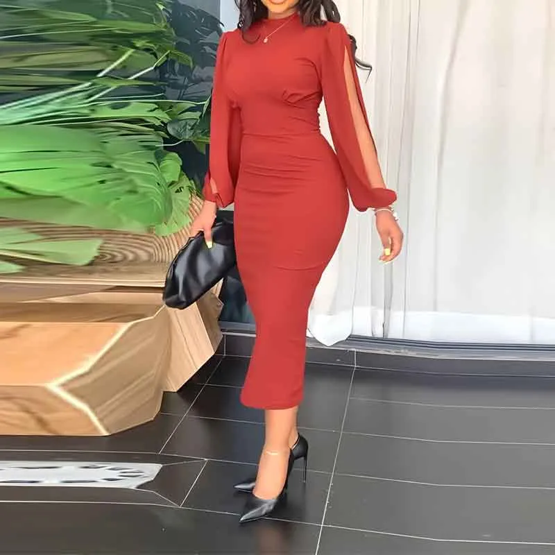 Solid Slit Sleeve Midi Dress