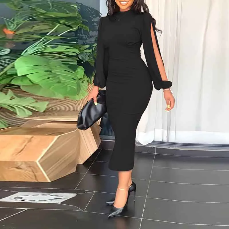 Solid Slit Sleeve Midi Dress