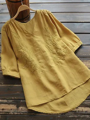 Solid V-Neck Embroidery Blouse