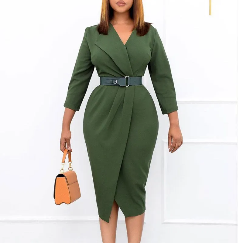Solid V-Neck Long Sleeve Belted Midi Dress