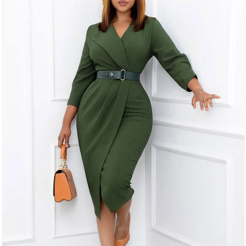 Solid V-Neck Long Sleeve Belted Midi Dress