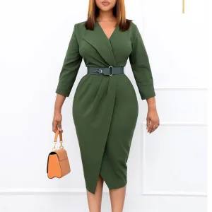 Solid V-Neck Long Sleeve Belted Midi Dress