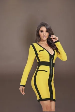 Sophie Long Sleeve Bandage Bodycon Yellow Mini Dress
