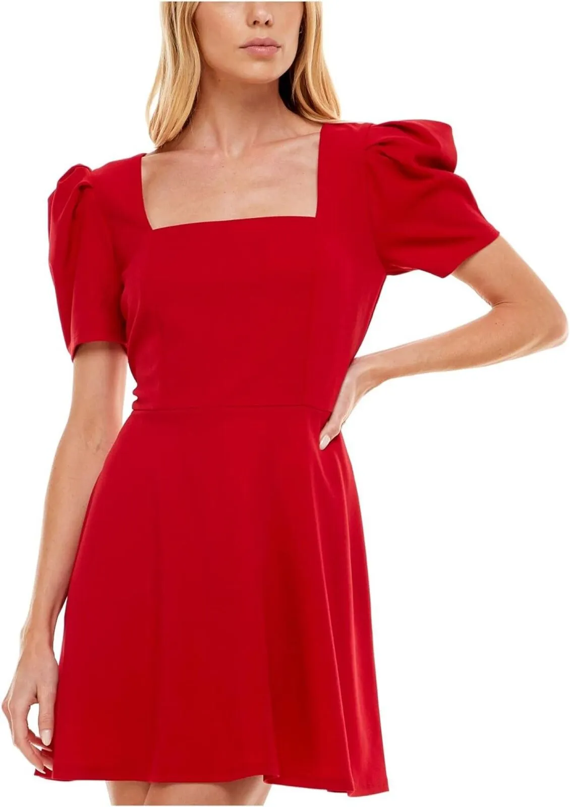 Speechless Womens Square Neck Puff Sleeves Fit & Flare Dress JA41861DNE Red XL