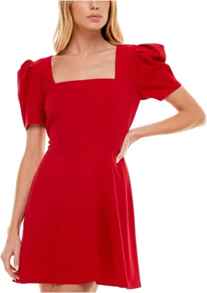 Speechless Womens Square Neck Puff Sleeves Fit & Flare Dress JA41861DNE Red XL