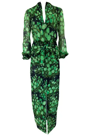 Spring 1972 Pauline Trigere Cotton Silk Voile Green Tulip Print Skirt & Top Set