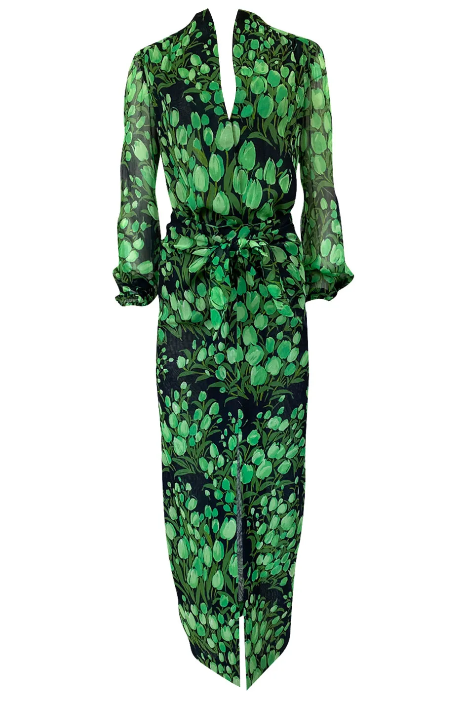 Spring 1972 Pauline Trigere Cotton Silk Voile Green Tulip Print Skirt & Top Set
