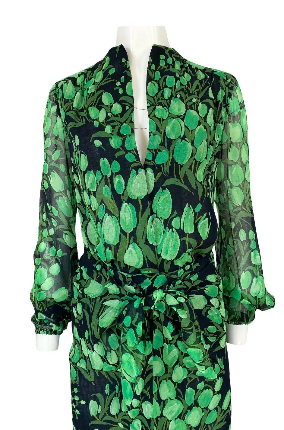 Spring 1972 Pauline Trigere Cotton Silk Voile Green Tulip Print Skirt & Top Set