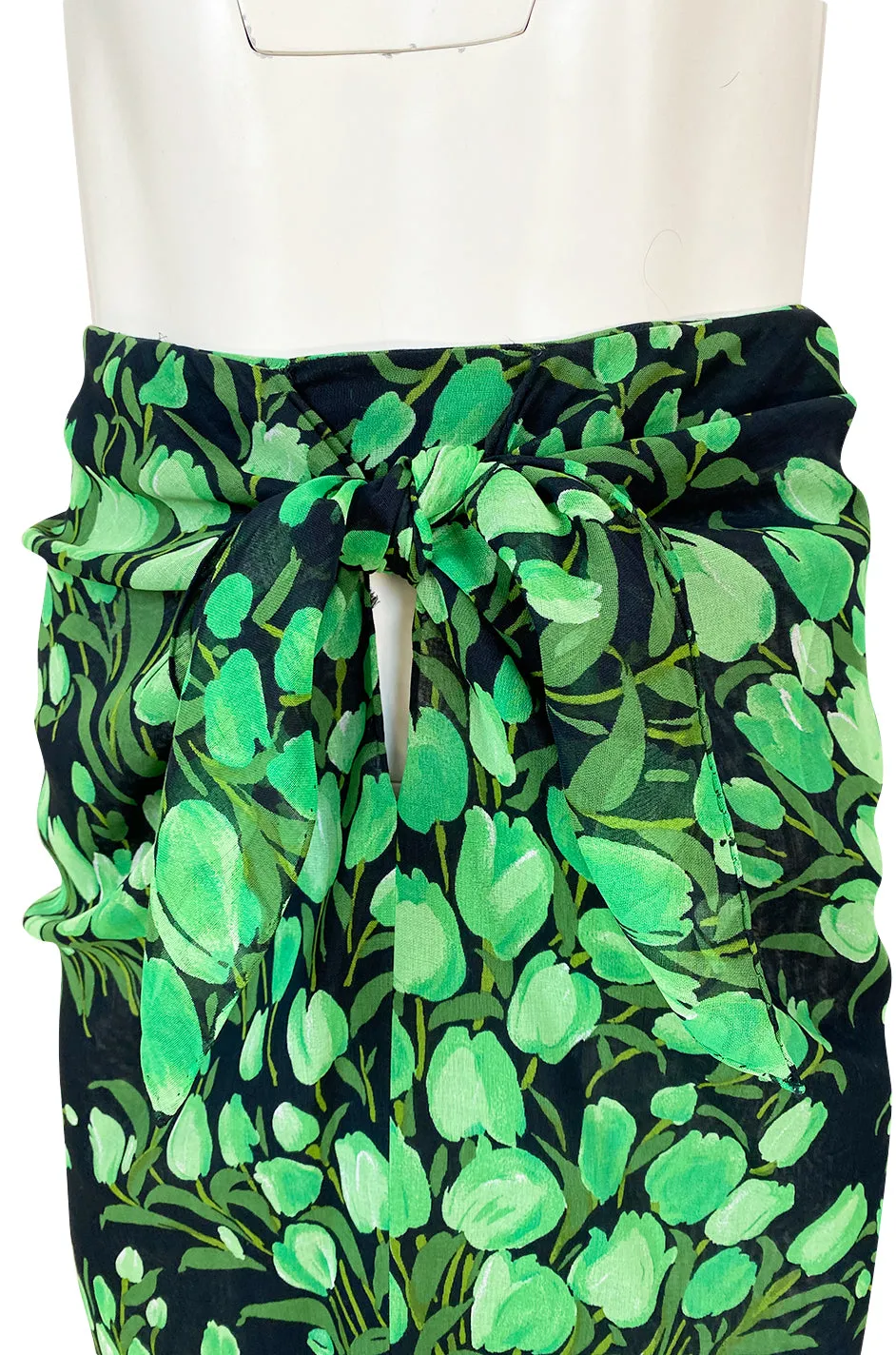 Spring 1972 Pauline Trigere Cotton Silk Voile Green Tulip Print Skirt & Top Set