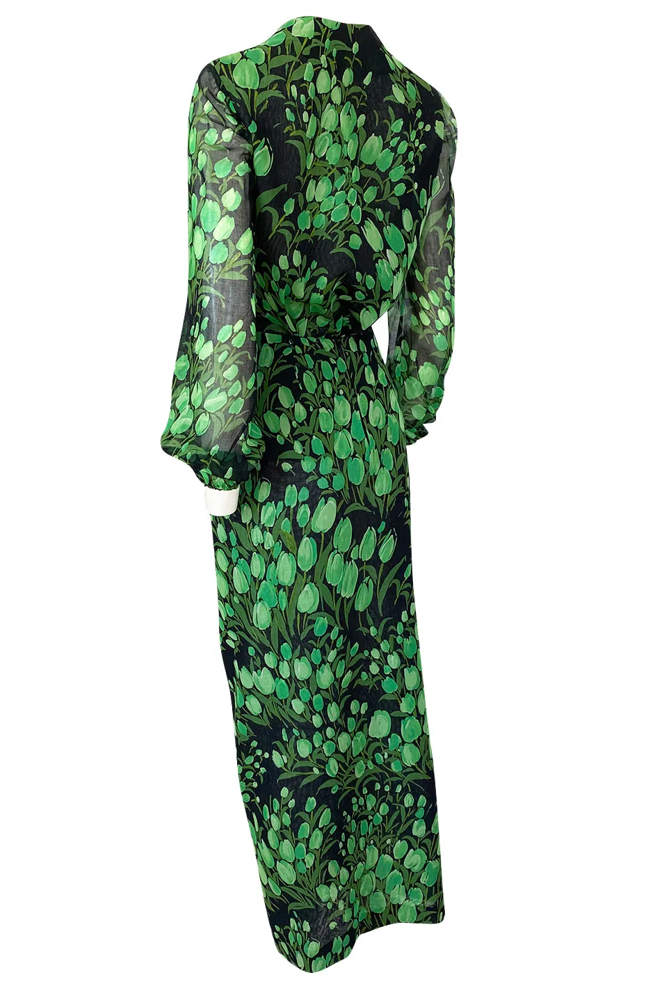 Spring 1972 Pauline Trigere Cotton Silk Voile Green Tulip Print Skirt & Top Set