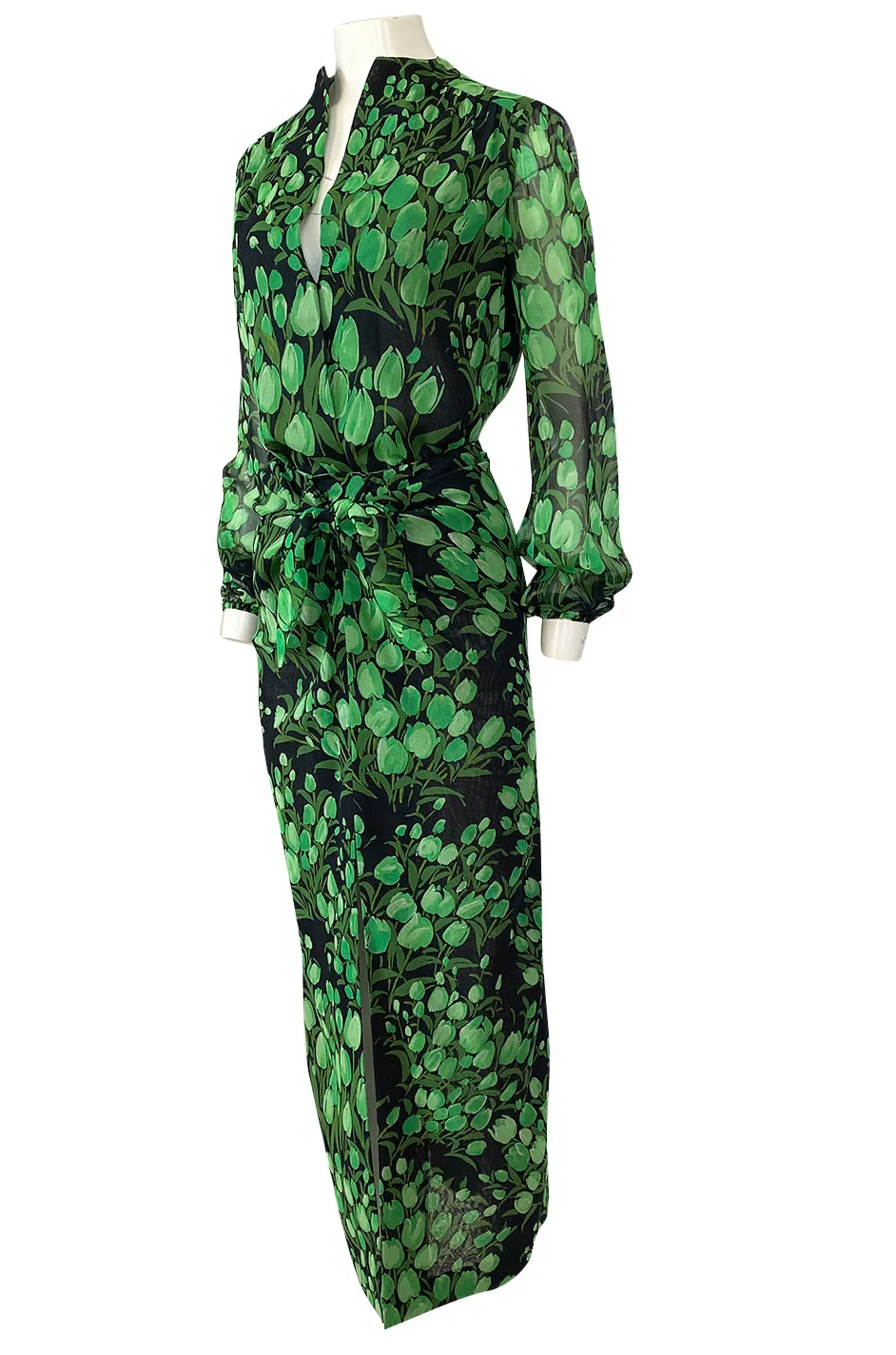 Spring 1972 Pauline Trigere Cotton Silk Voile Green Tulip Print Skirt & Top Set