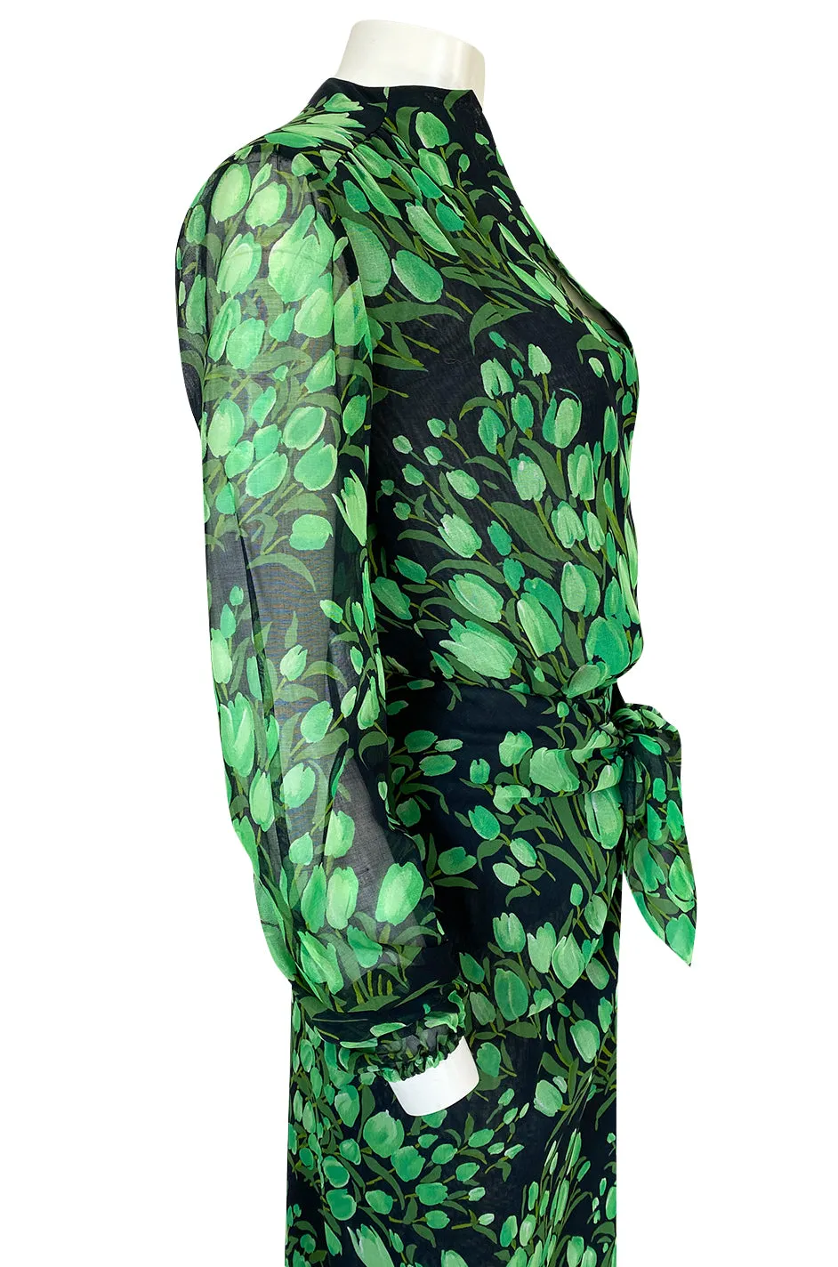 Spring 1972 Pauline Trigere Cotton Silk Voile Green Tulip Print Skirt & Top Set