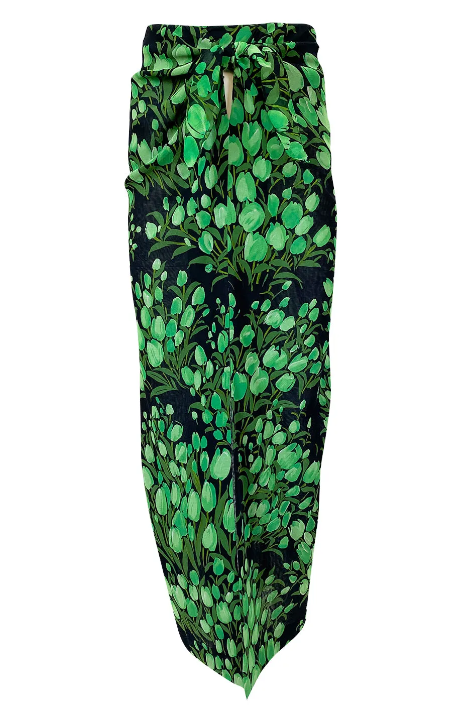 Spring 1972 Pauline Trigere Cotton Silk Voile Green Tulip Print Skirt & Top Set