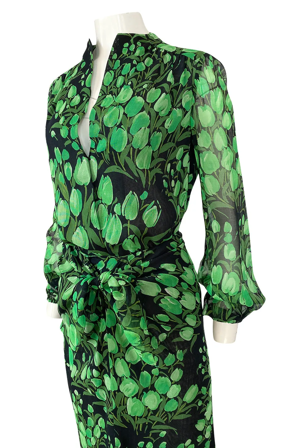 Spring 1972 Pauline Trigere Cotton Silk Voile Green Tulip Print Skirt & Top Set