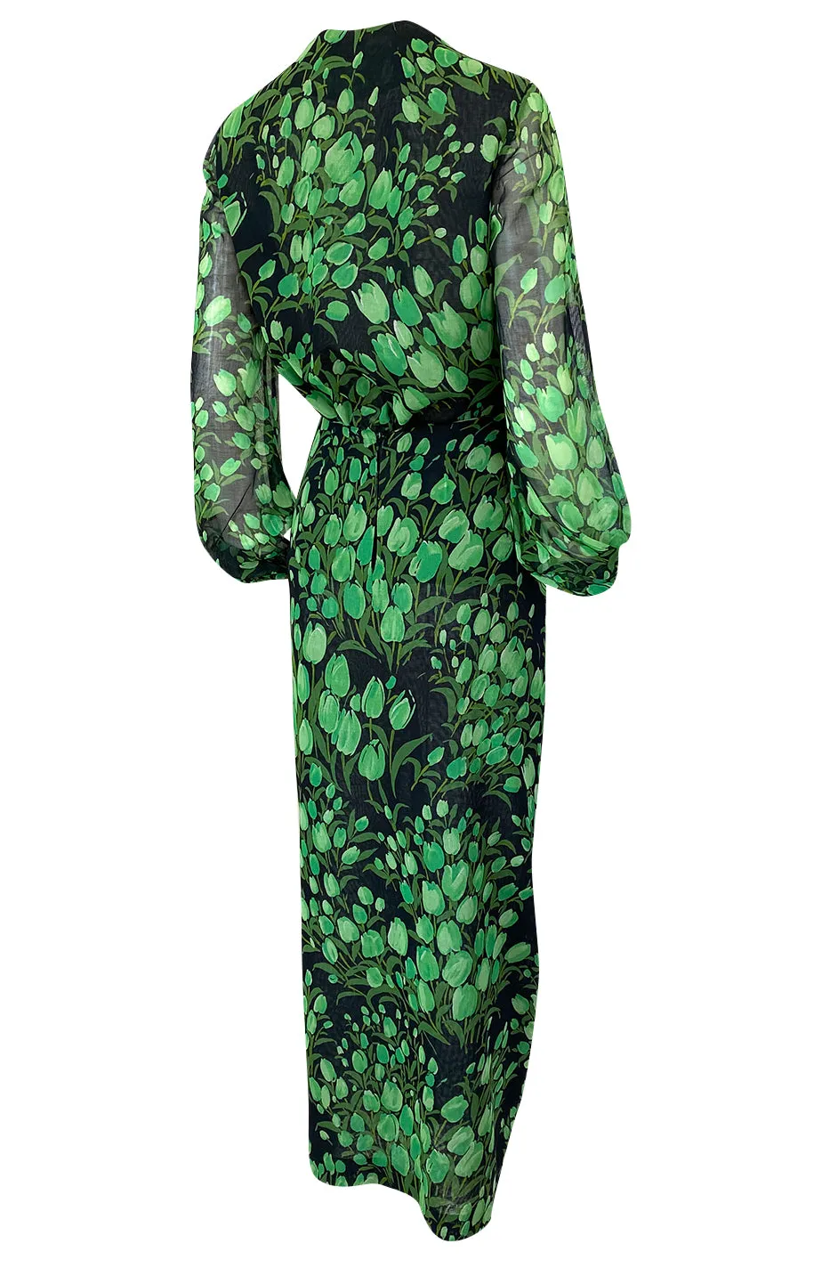 Spring 1972 Pauline Trigere Cotton Silk Voile Green Tulip Print Skirt & Top Set