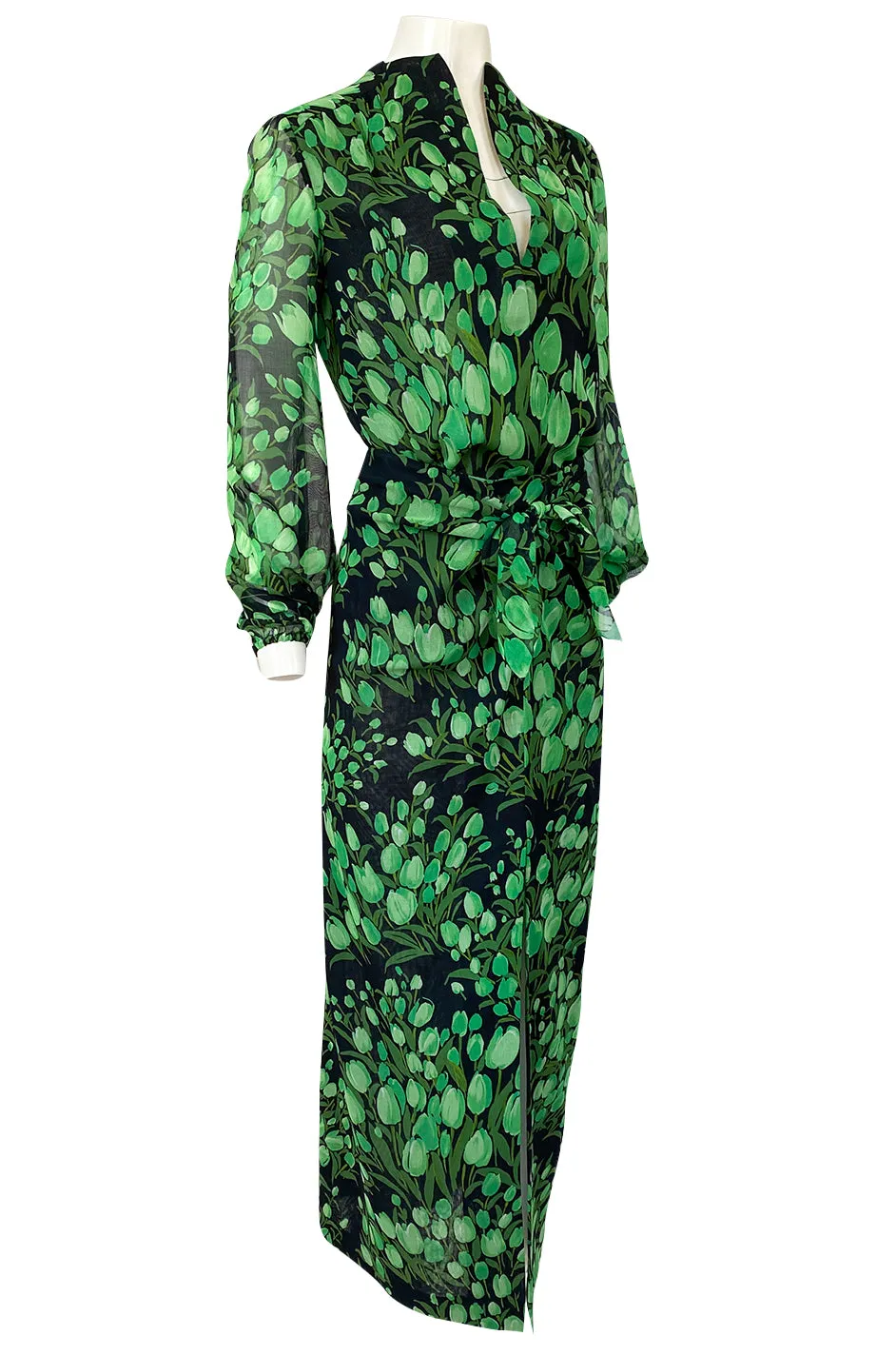 Spring 1972 Pauline Trigere Cotton Silk Voile Green Tulip Print Skirt & Top Set