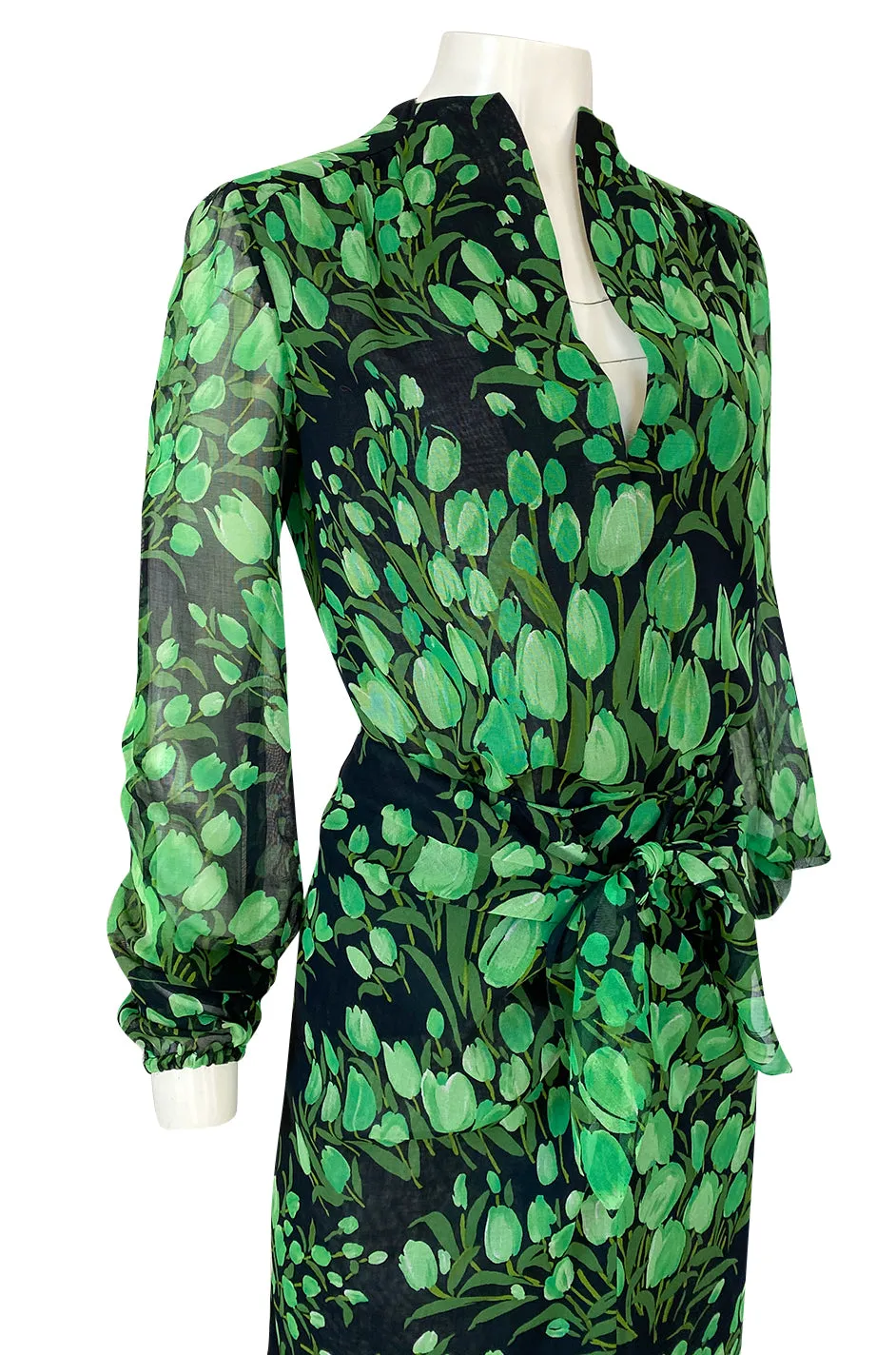 Spring 1972 Pauline Trigere Cotton Silk Voile Green Tulip Print Skirt & Top Set