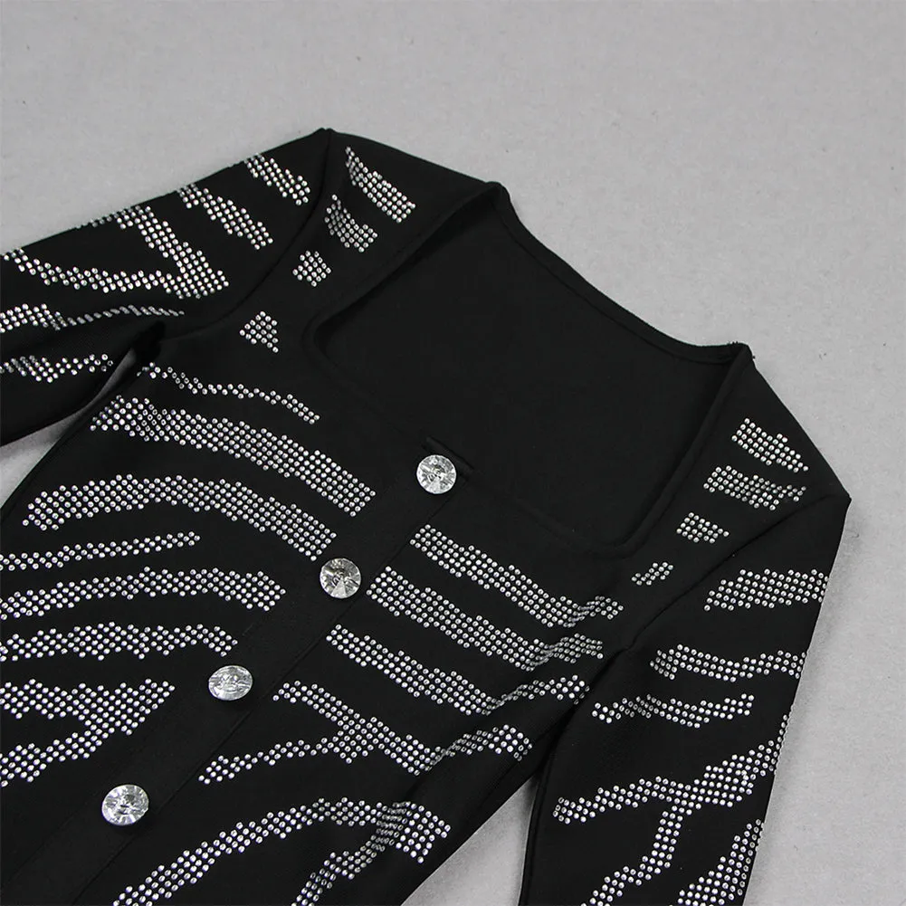 Square Collar Long Sleeve Rhinestone Mini Bandage Dress HL9467