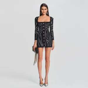 Square Collar Long Sleeve Rhinestone Mini Bandage Dress HL9467