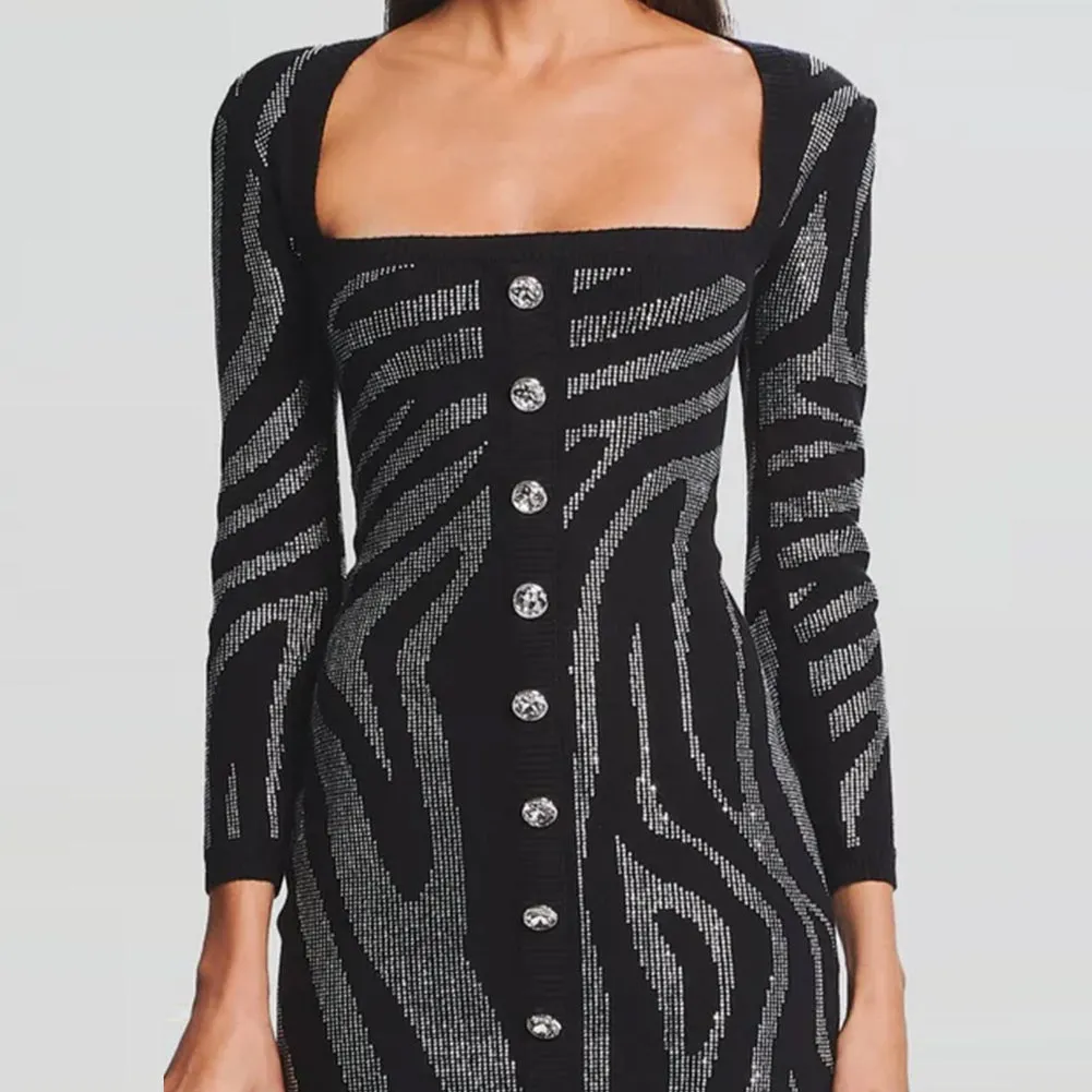 Square Collar Long Sleeve Rhinestone Mini Bandage Dress HL9467