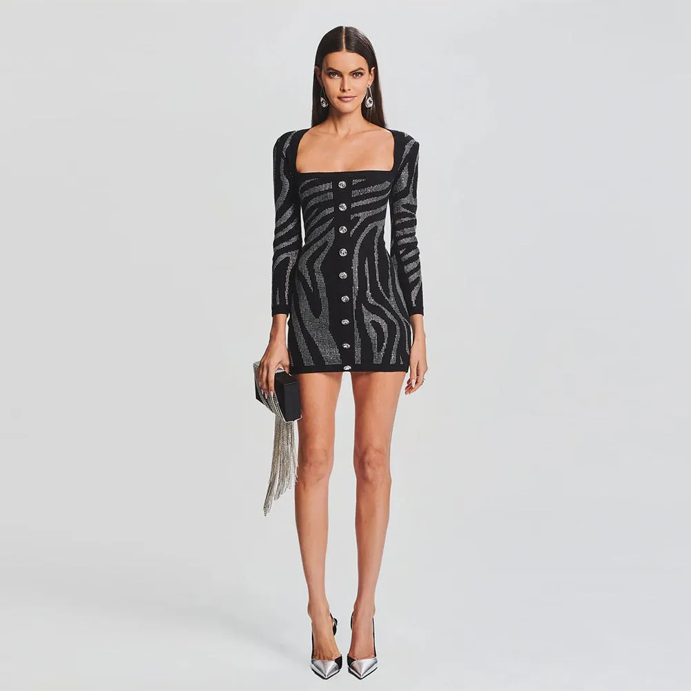 Square Collar Long Sleeve Rhinestone Mini Bandage Dress HL9467
