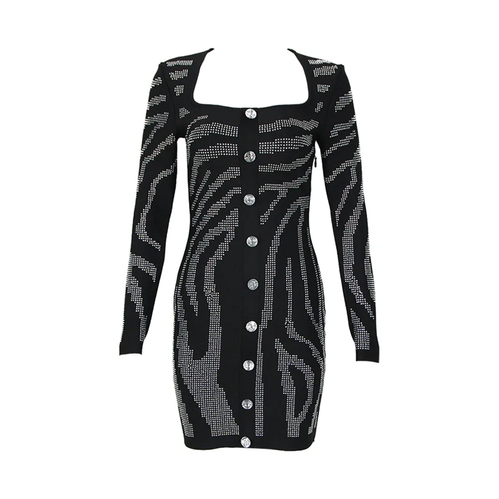 Square Collar Long Sleeve Rhinestone Mini Bandage Dress HL9467