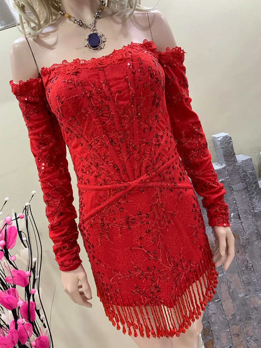 Strapless Long Sleeve Sequins Mini Bodycon Dress HT957