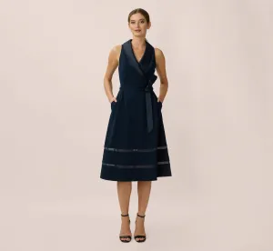 Stretch Knit Crepe Midi-Length Fit-And-Flare Tuxedo Dress With Organza Inserts In Midnight
