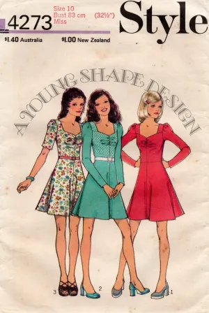 Style 4273 Womens Sweetheart Neck Dress 1970s Vintage Sewing Pattern Size 10 Bust 32.5 inches