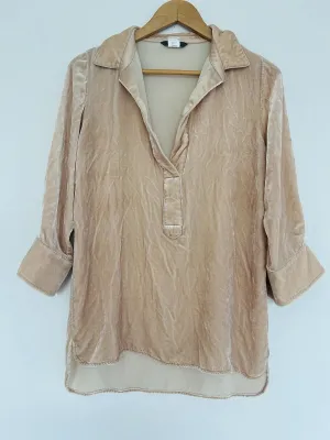 Sundance Blue Tassel 100% Silk Velvet Velour Top Tunic V Neck Collar Hi-Low