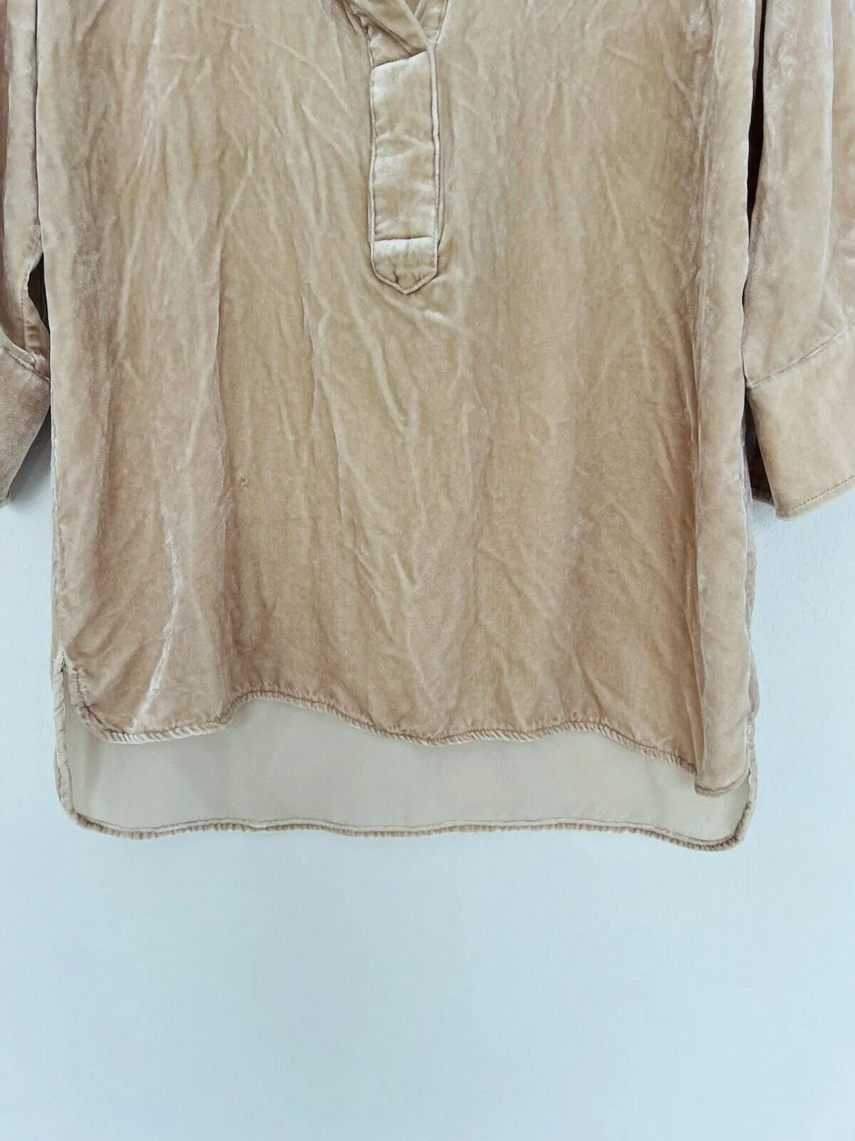 Sundance Blue Tassel 100% Silk Velvet Velour Top Tunic V Neck Collar Hi-Low