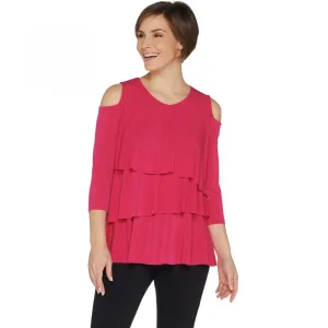 Susan Graver Women's Liquid Knit Cold Shoulder Tiered Top Deep Pink XS