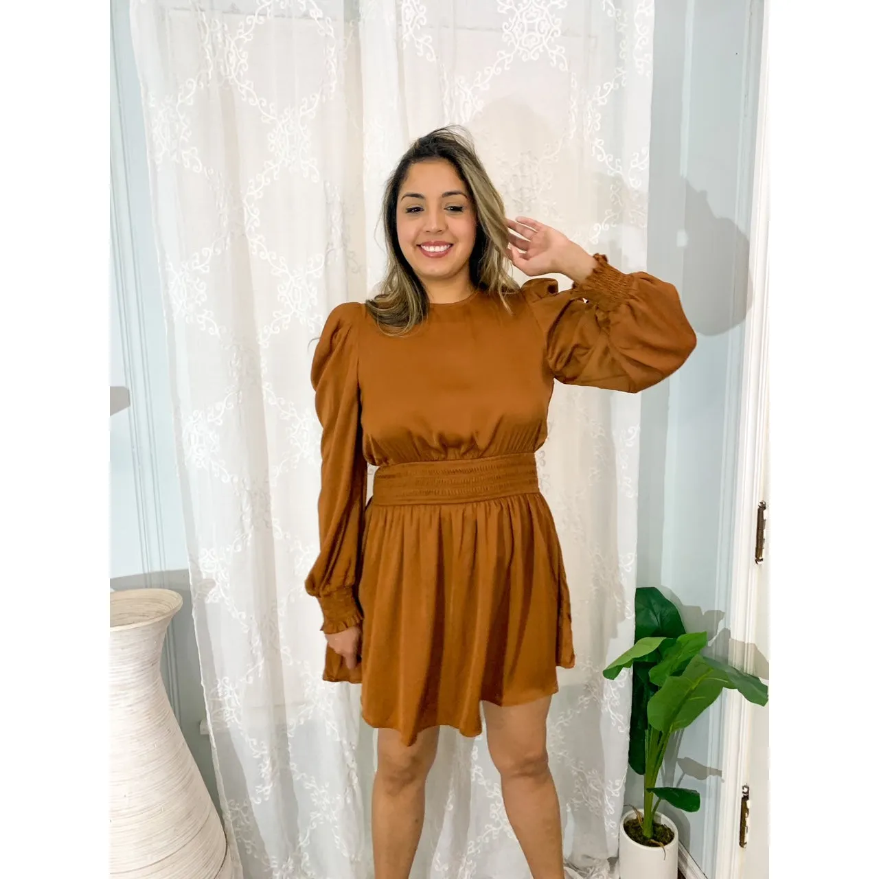 Sweet Like Honey Cutout Back Mini Dress - Camel