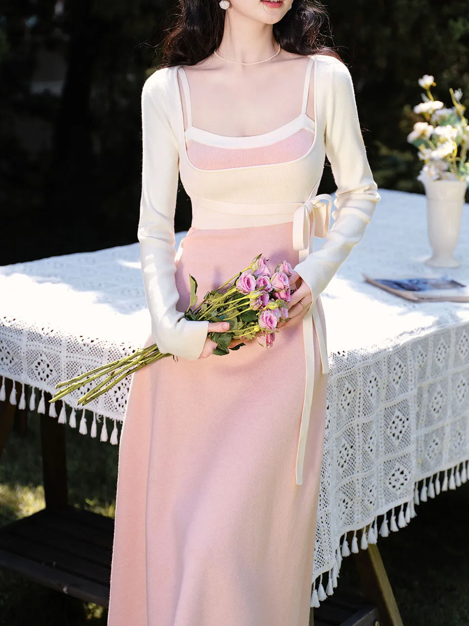 Sweet Pink Long Sleeve Knitted Sweater Dress