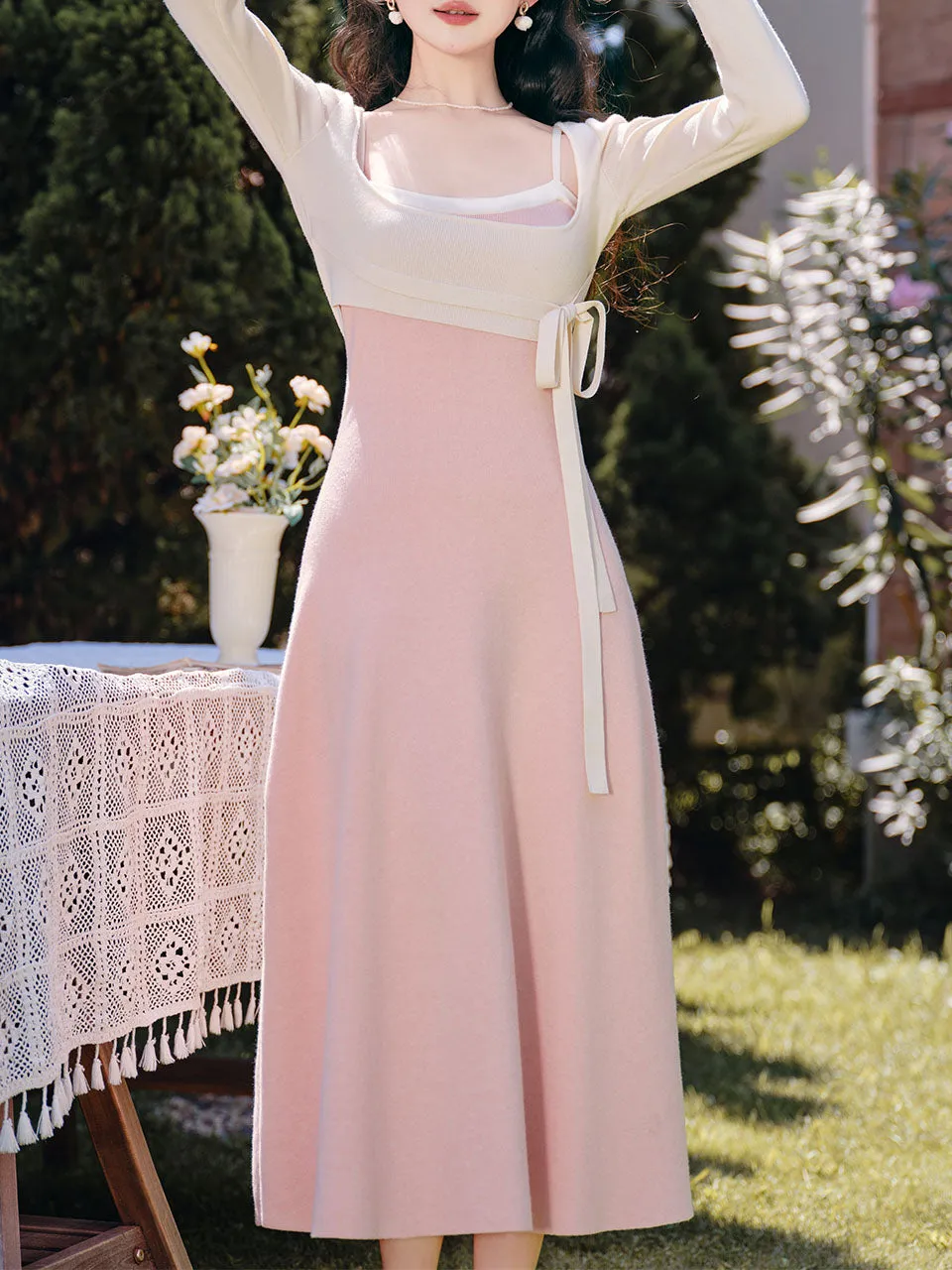 Sweet Pink Long Sleeve Knitted Sweater Dress