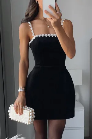 Sweet Poetry Velvet Pearl Trim Straps Pocketed Tulip Style Mini Dress
