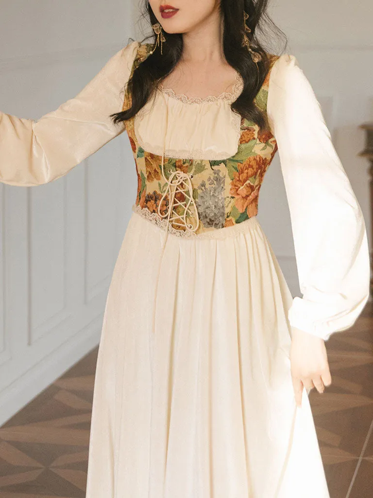 Sweet Victorian Floral Corset Long Sleeve Maxi Dress