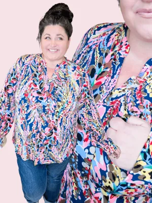 Tami Notch V-Neck Blouse in Navy   Brights
