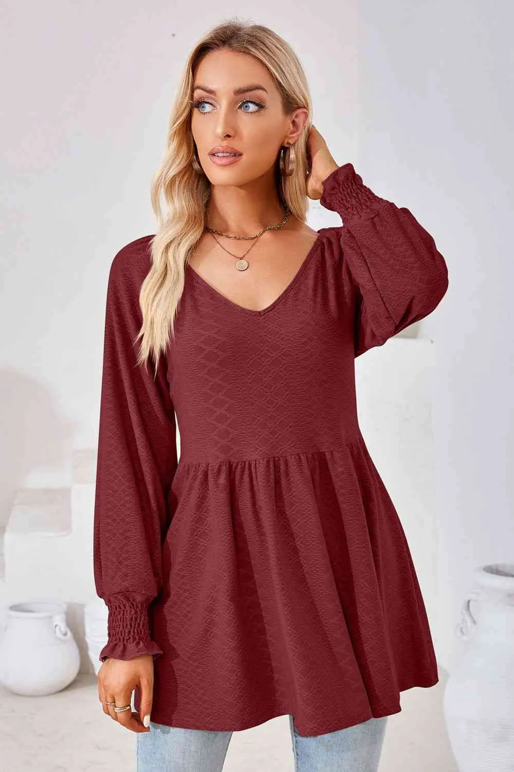 Tami V-Neck Lantern Sleeve Blouse