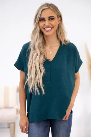 Teal V-Neck Short Sleeve Blouse
