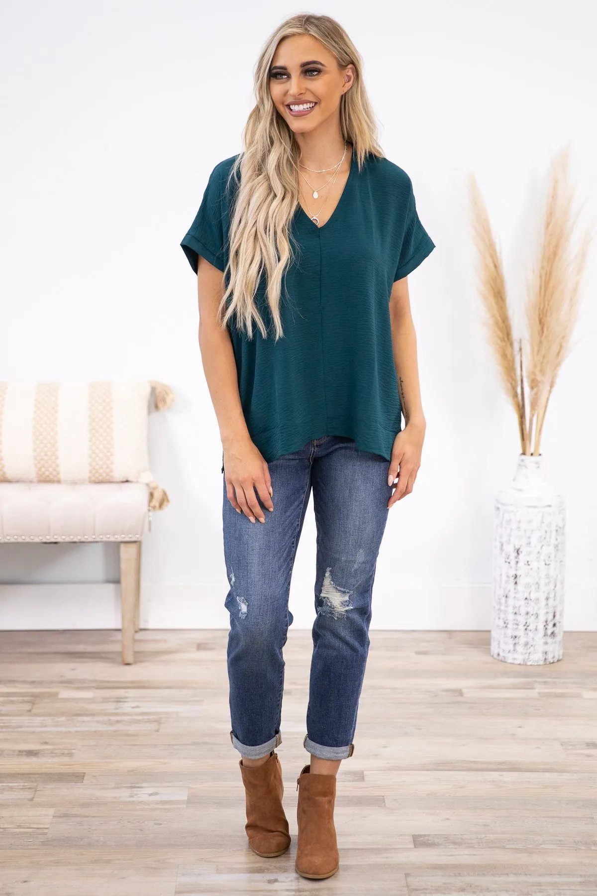 Teal V-Neck Short Sleeve Blouse